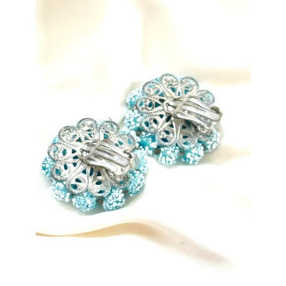Vintage Blue Beaded Clip-On Earrings Japan Textured White Detail - Picture 3 of 4